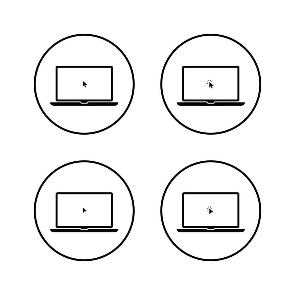Laptop with mouse cursor icon set in circular outline. Computer screen showing pointer and click action vector