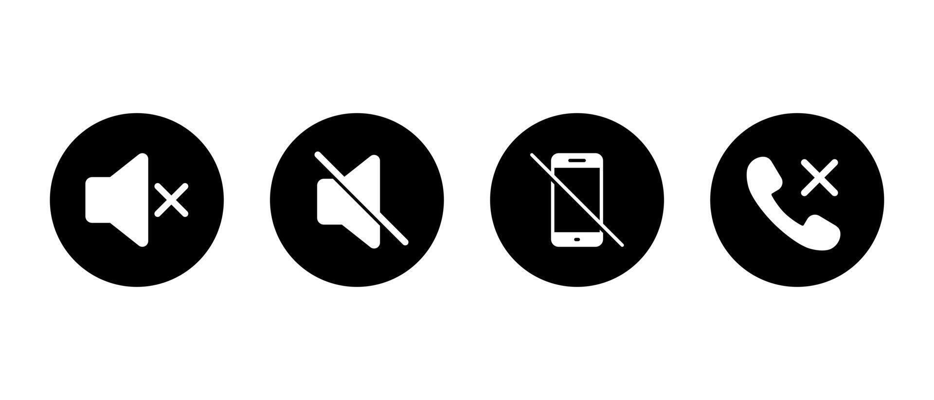 Mute speaker, no mobile phone, and call cancel icon. Silence, do not disturb, and telephone disable symbol in black circle vector