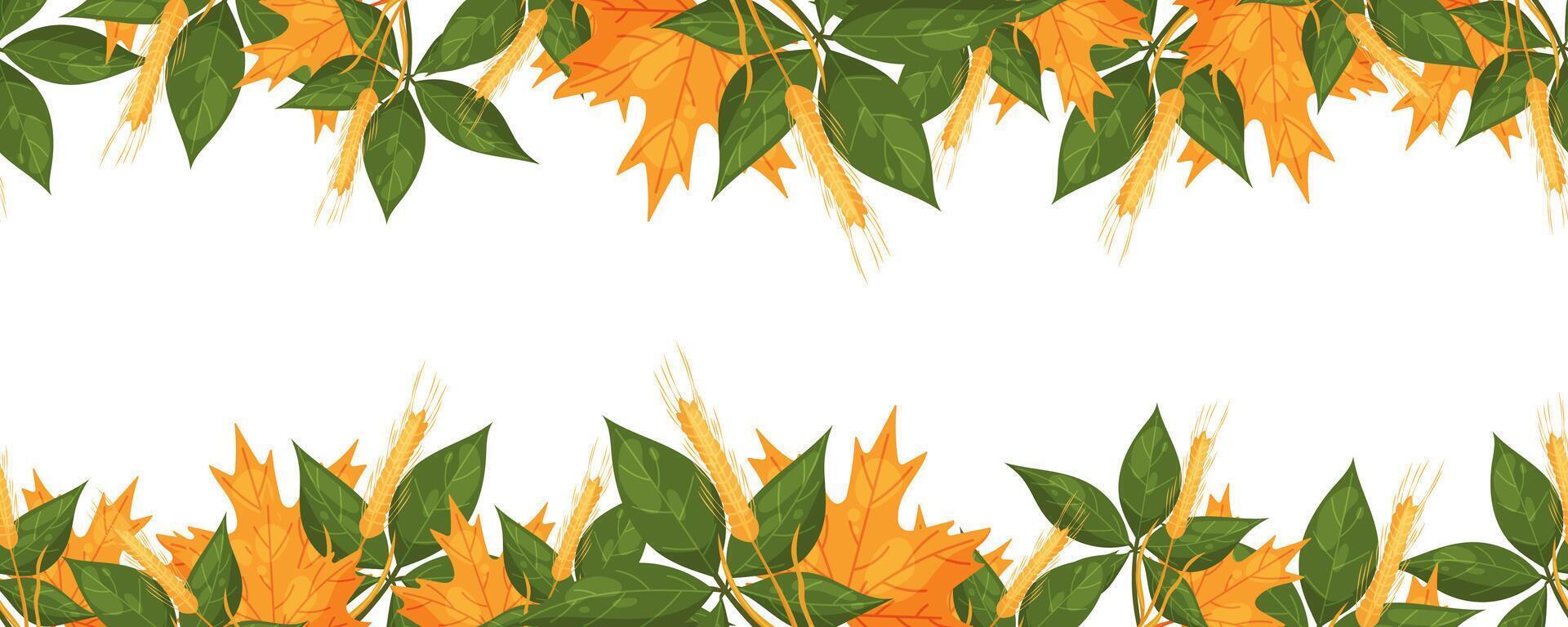 Seamless border with autumn leaves and wheat on top and bottom vector