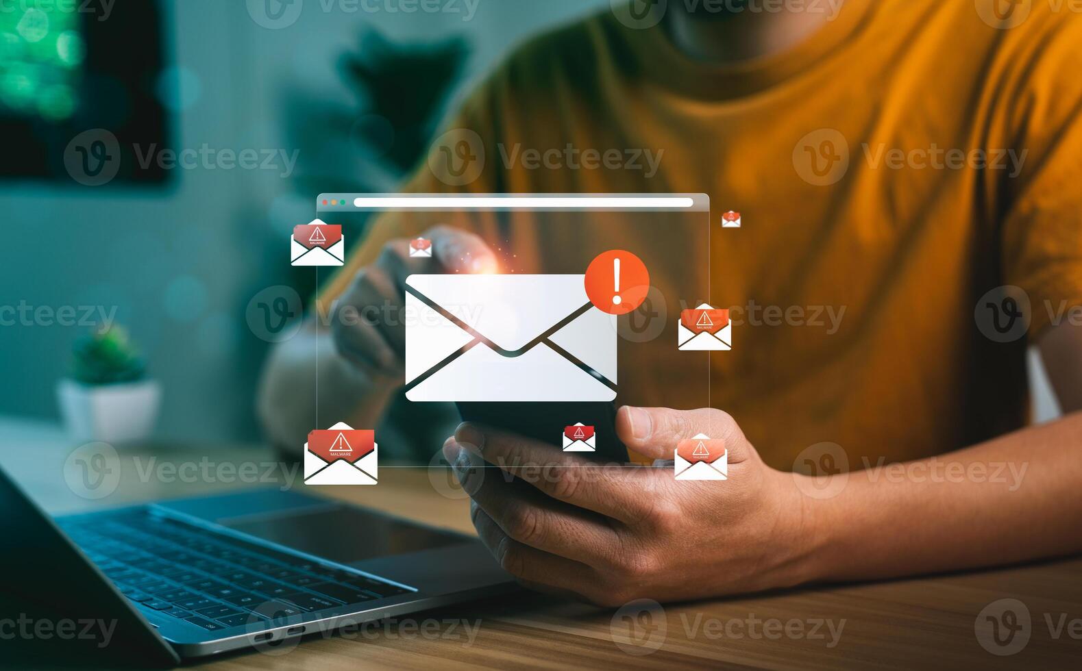 Cybersecurity warning concept with phishing emails and spam message icons on virtual screen, alert symbol on mobile device showing email threats, online scam, internet fraud, and data breach risk photo