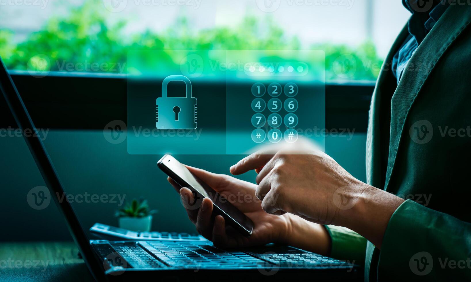 Cybersecurity and mobile data protection concept with person entering PIN code on smartphone, secure digital lock symbol, and virtual keypad overlay to illustrate privacy, encryption, secure login photo