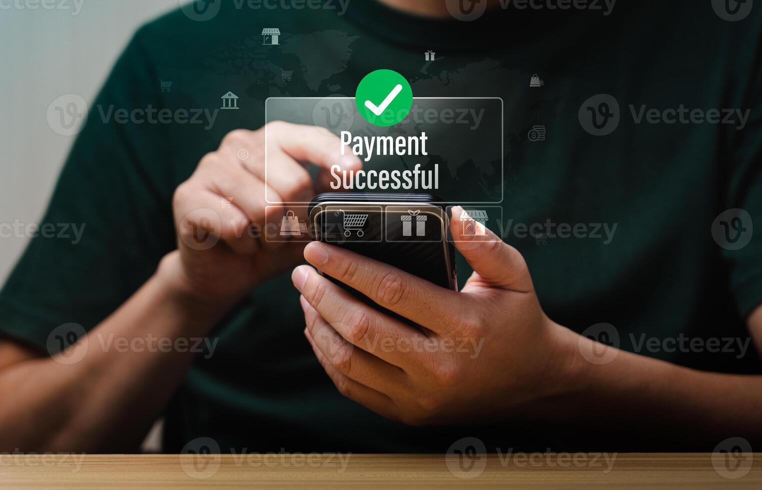 Mobile Online Payment and Digital Financial Transaction Success Concept with Man Using Smartphone and Laptop for E-commerce Secure Checkout and Mobile Banking System Technology photo