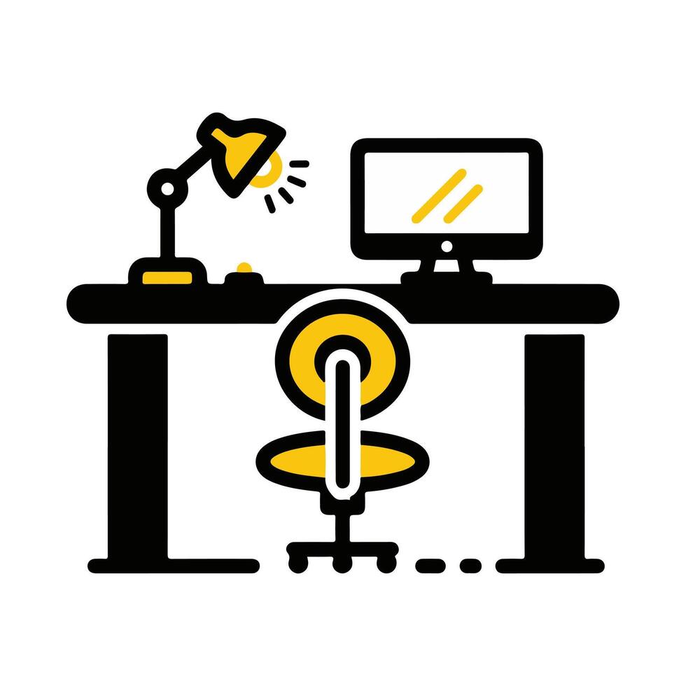 Modern office workplace icon in a minimalist style. illustration of a desk with a computer, lamp, and chair, representing a home office or remote work setup vector