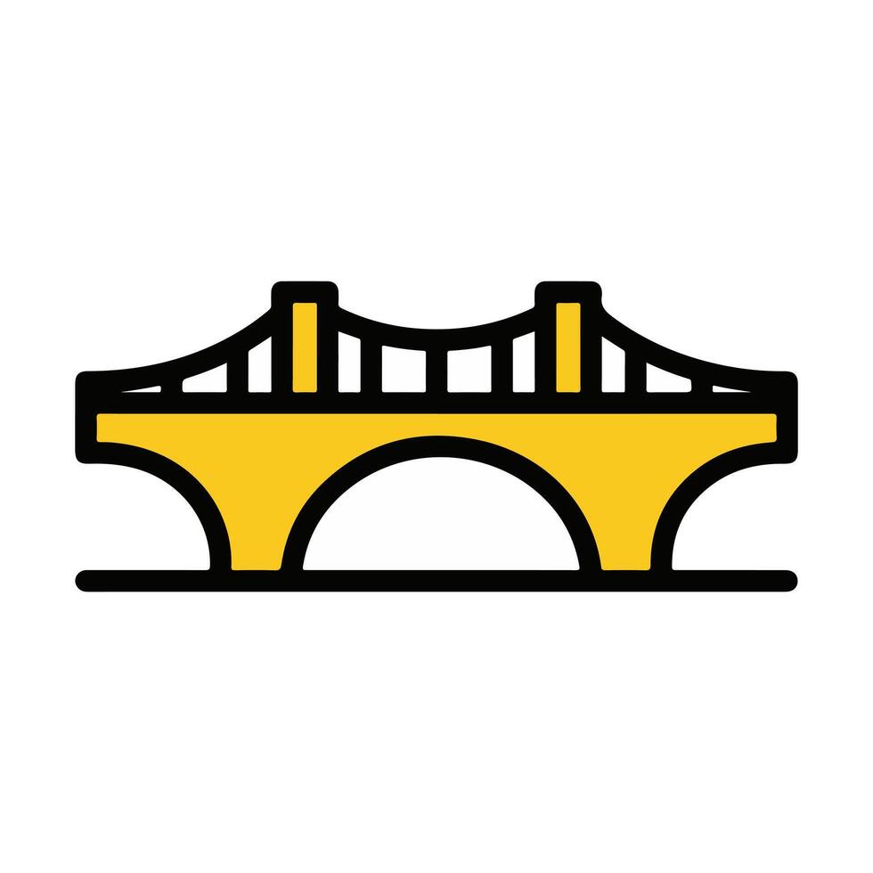 Modern suspension bridge icon with bold yellow and black lines, symbolizing connection, infrastructure, and urban engineering design in a clean, graphic style vector