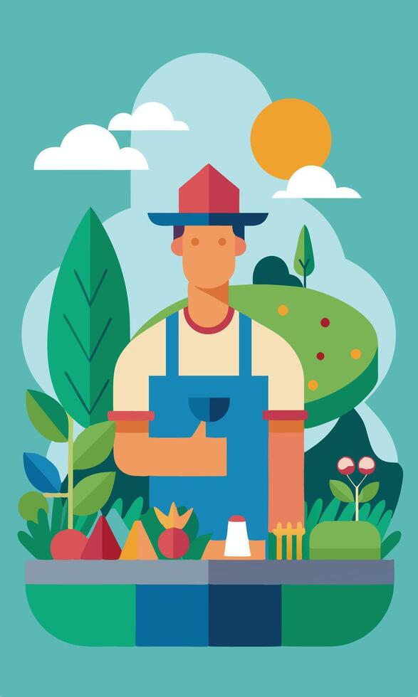 An illustration of a man in a hat and overalls standing in front of a table with vegetables vector