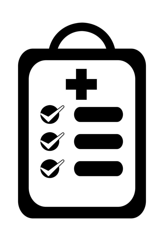 Clipboard with checklist and a medical cross. Medical form with a list of checkmarks. Black and white medical document with checklist. vector