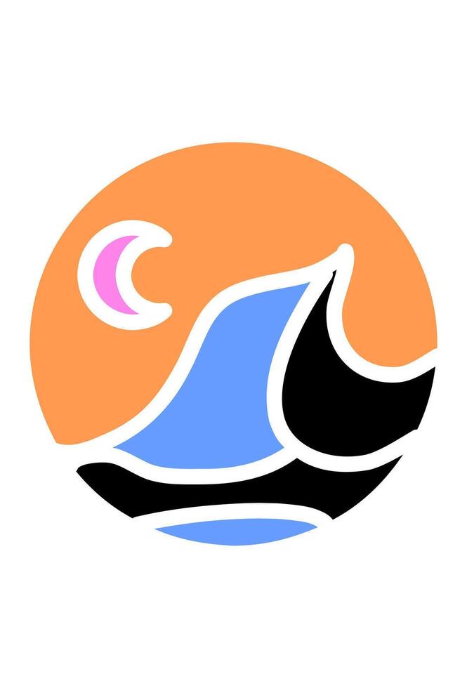 Colorful moon and ocean waves. A vibrant circle with waves and a crescent moon. Abstract waves and moon in a colorful design. vector