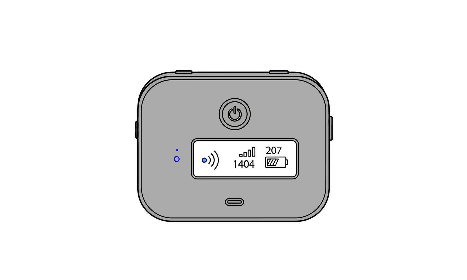 Technical illustration of a portable Wi-Fi hotspot device with a digital display showing signal strength and battery life. vector