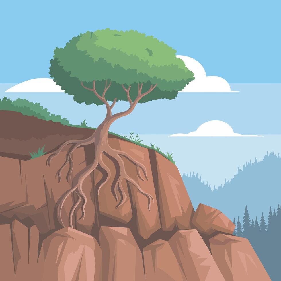 Tree on Cliff Edge Illustration, Nature Scenery with Roots and Mountain View vector