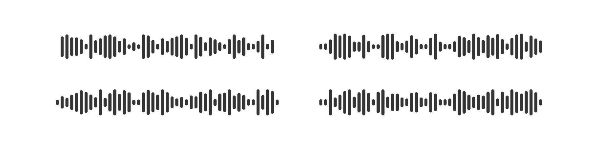 Podcast sound wave patterns with varied amplitude and rhythm variations. Black vertical bars on white background vector