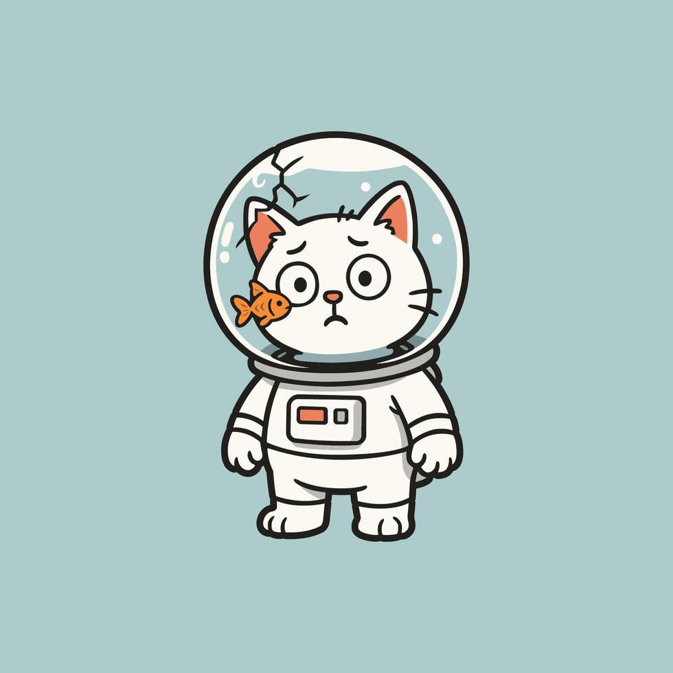 Space cat in a broken helmet with goldfish floating inside it, confused expression vector