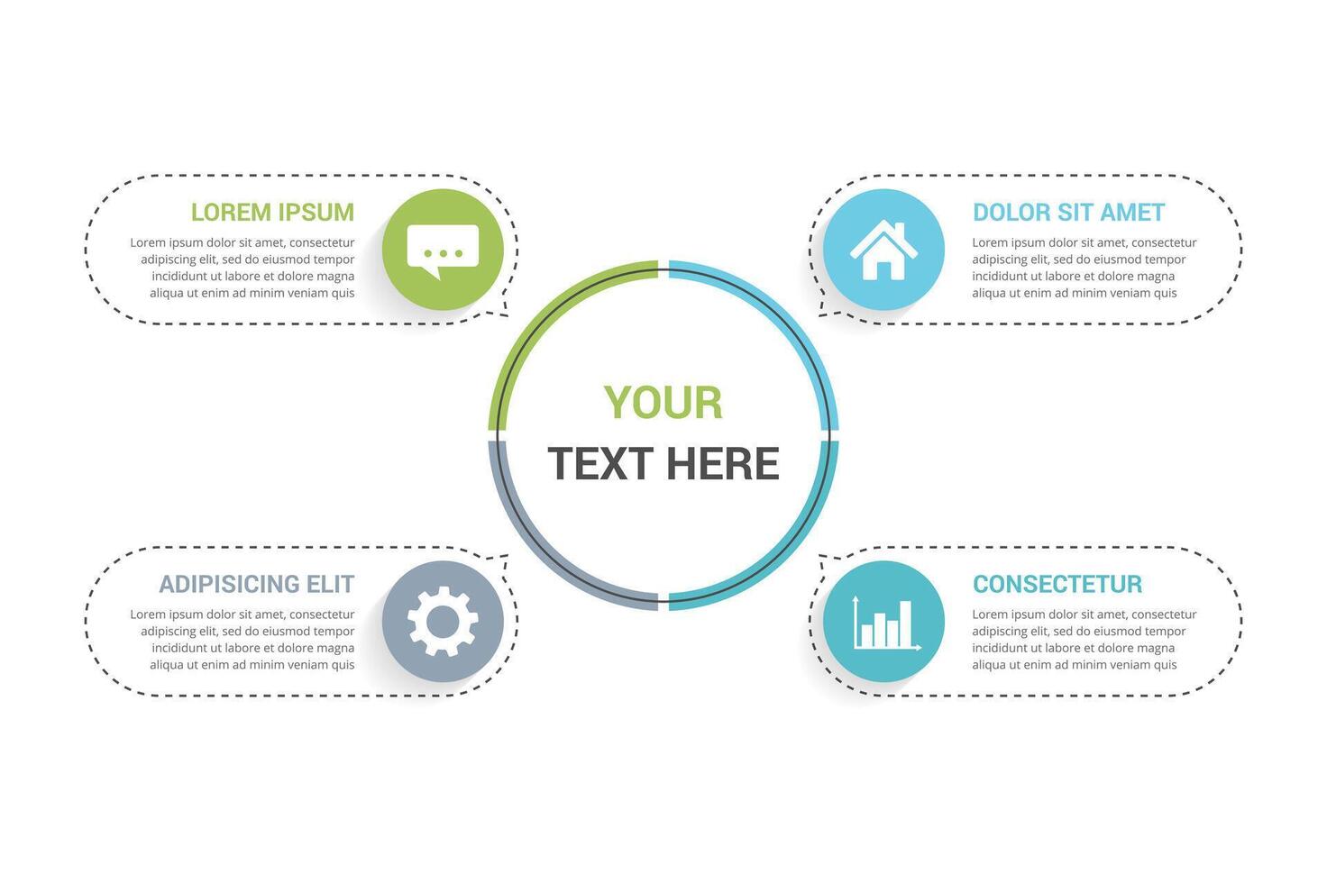 Infographic template with 4 elements, steps or options, process chart, circle diagram vector