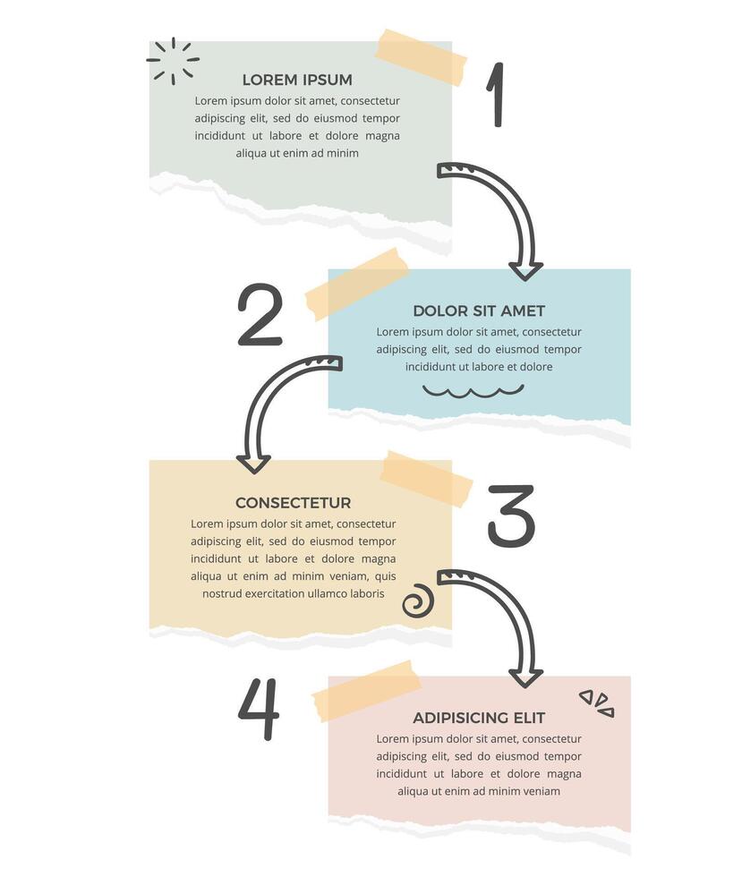 Infographic template with four options with paper notes and hand drawn arrows vector