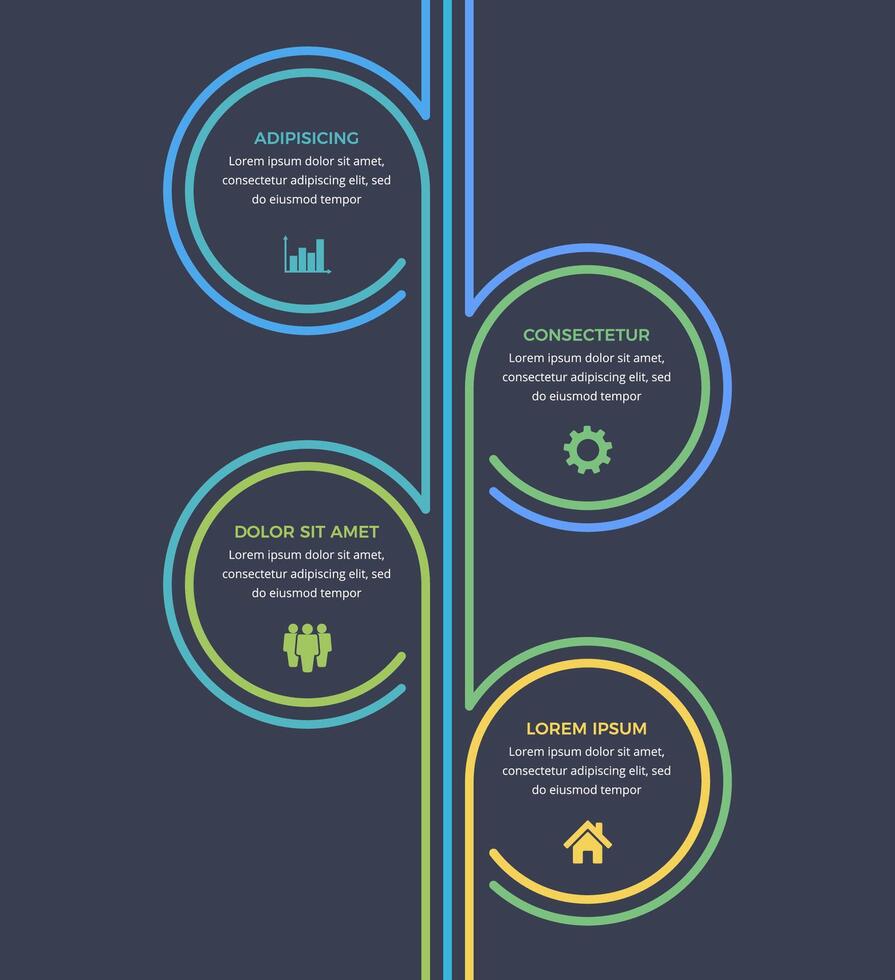 Minimal business infographic design template with four circular options or steps, process, workflow template, dark background vector