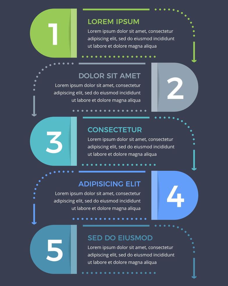 Minimal business infographic design template with five options or steps, process, workflow template, dark background vector