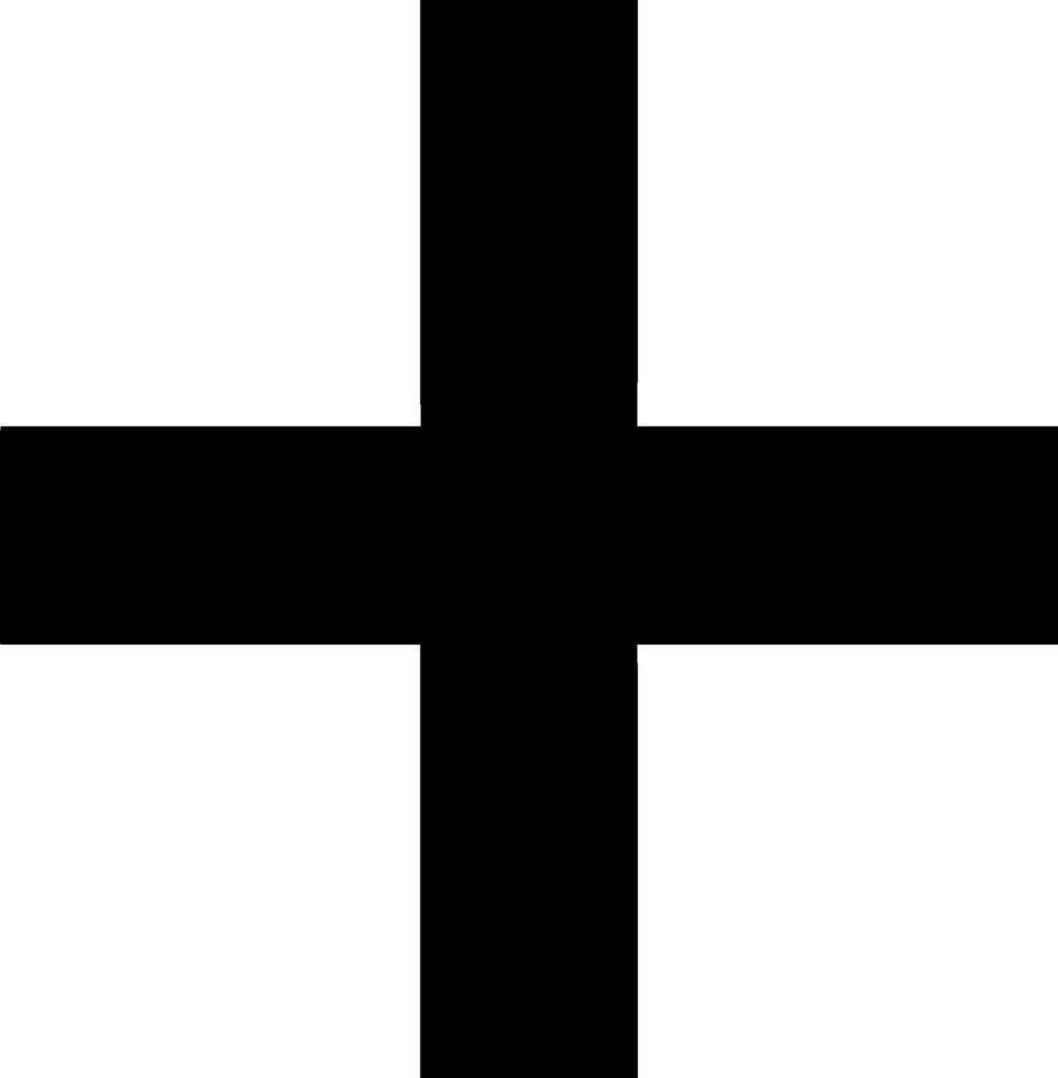 A simple, graphic representation of a black cross centered on a clean white background, emphasizing geometric form and contrast. vector