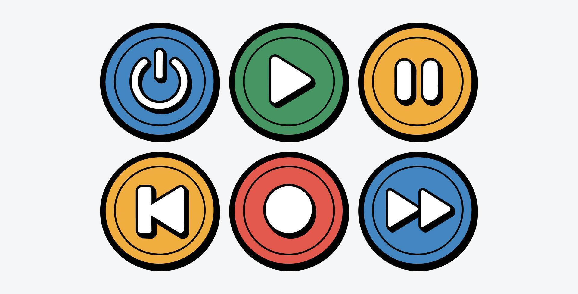 Media player control buttons play pause stop rewind fast forward power vector