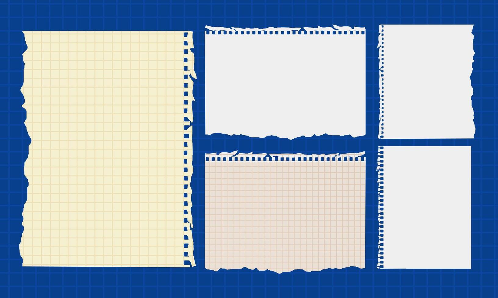 Torn paper note set on blue grid backdrop for scrapbooking and labels vector
