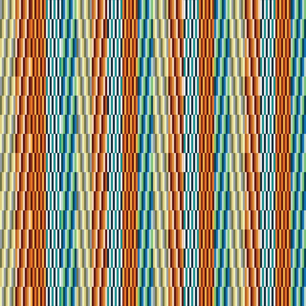 A vibrant, geometric abstract pattern of vertical stripes in shades of orange, blue, green, and cream is creating a rhythmic, texture design. vector