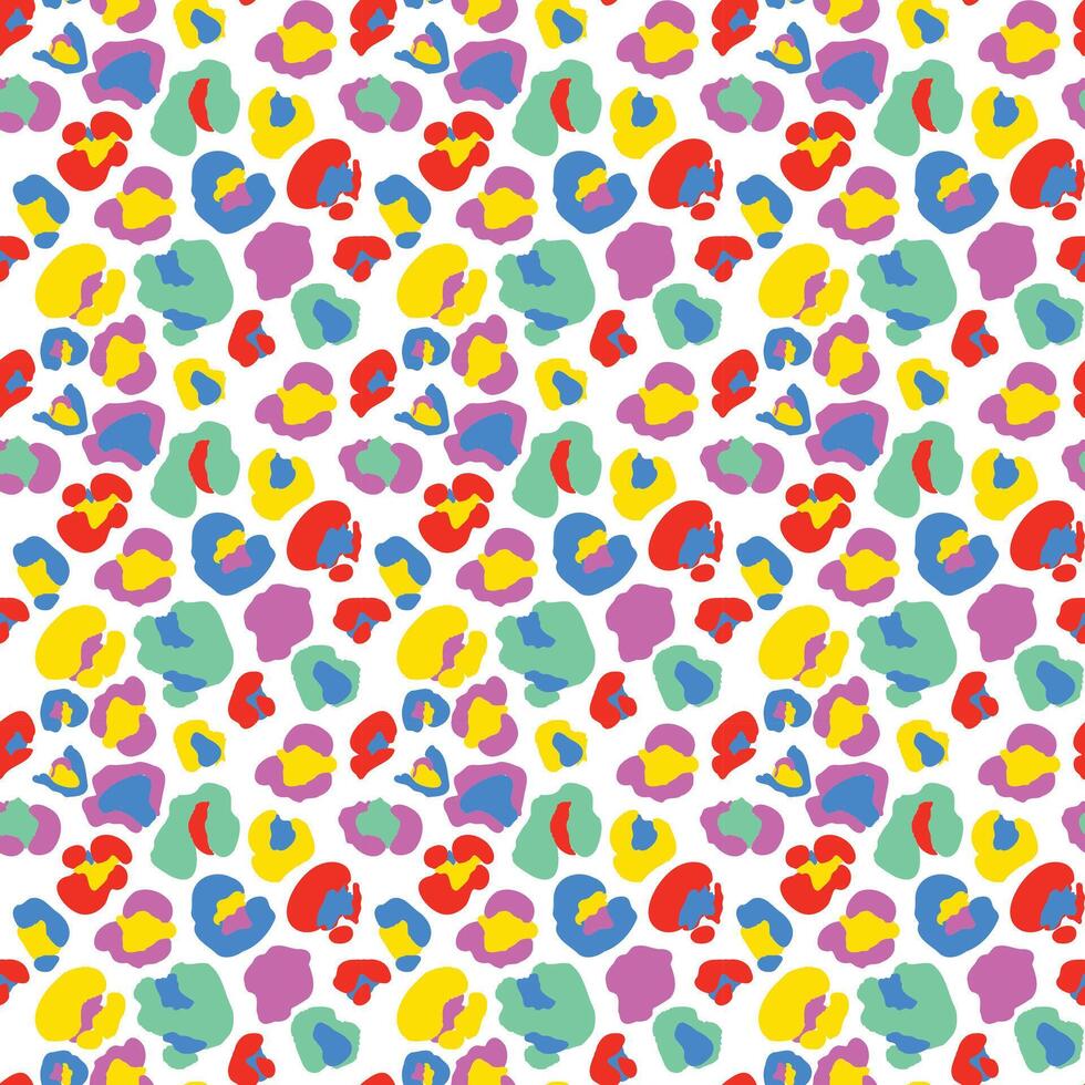 Abstract leopard print pattern, spots and dots texture in red, blue, green, yellow, and pink on a white background repeat design. vector