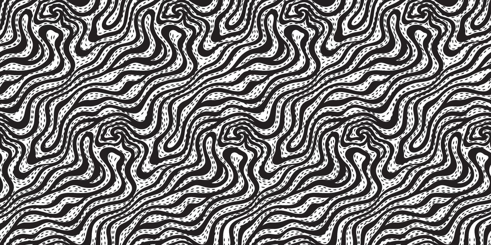 Abstract black and white repeating pattern featuring wavy lines and curves, creating a dynamic, flowing texture throughout the image. vector