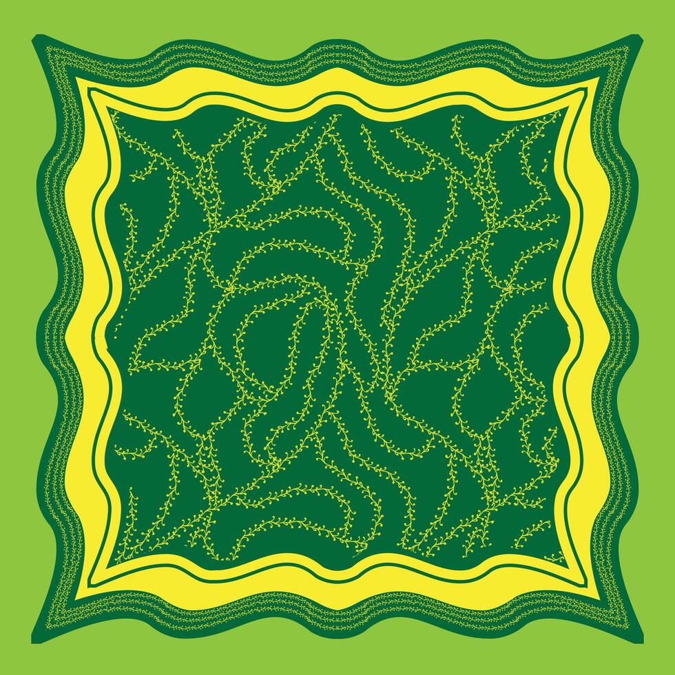 A textured green square scarf print with swirling yellow vine, bordered by wavy yellow edges, set against a lighter green background. vector
