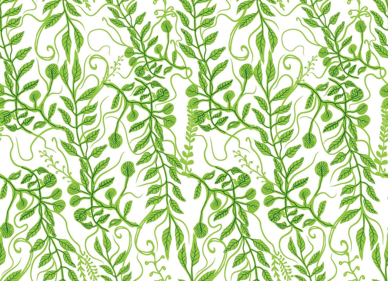 A s aeamless pattern of lush green vines and leaves, showcasing various shapes and texturesgainst a white background. vector