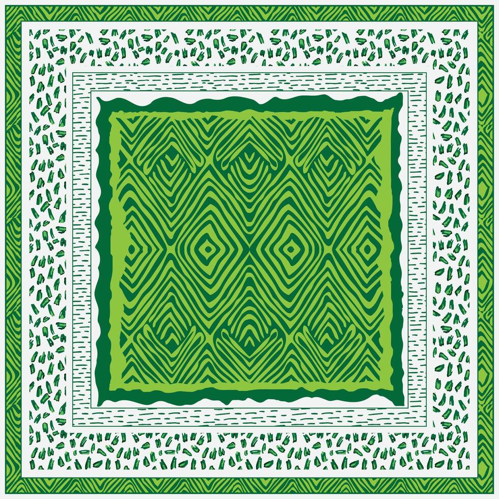 Abstract green scarf patterned textile with wavy lines and diamond shapes, framed by intricate borders in varying shades of green. vector