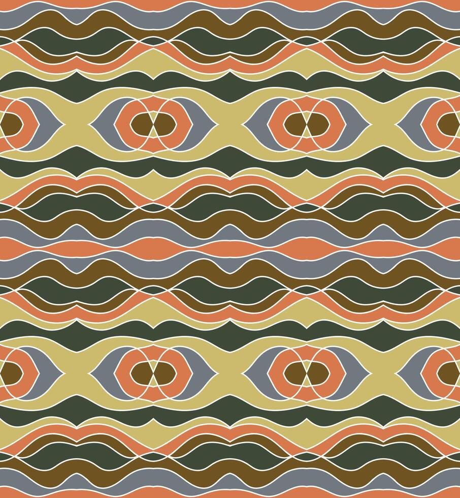 Repeating pattern of wavy lines and abstract shapes in earthy tones of orange, green, gray and beige vector
