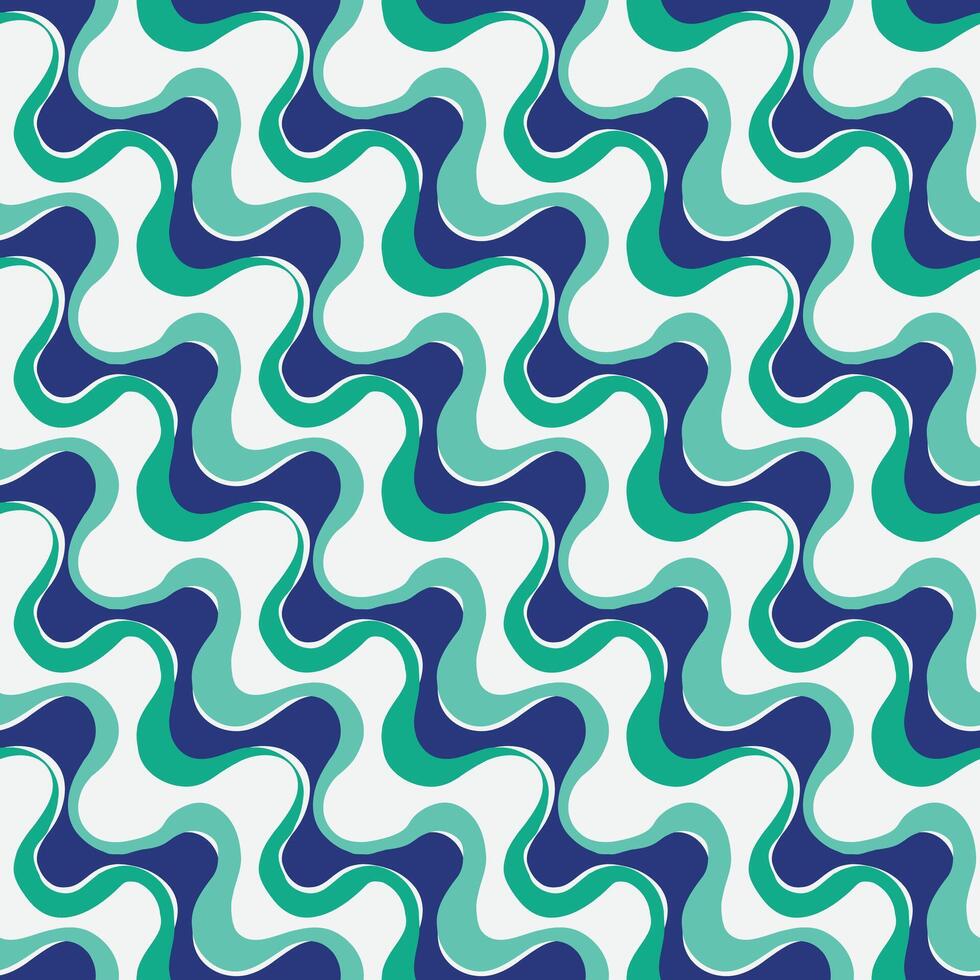 Abstract wave repeating pattern in shades of teal, turquoise, and navy blue on a white background, creating a fluid and dynamic print design. vector