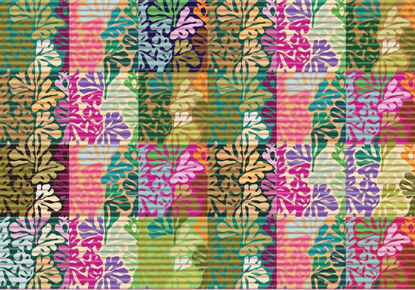 A vibrant repeat pattern of oversized tropical leaves in various colors, arranged in a grid with alternating stripes background design. vector