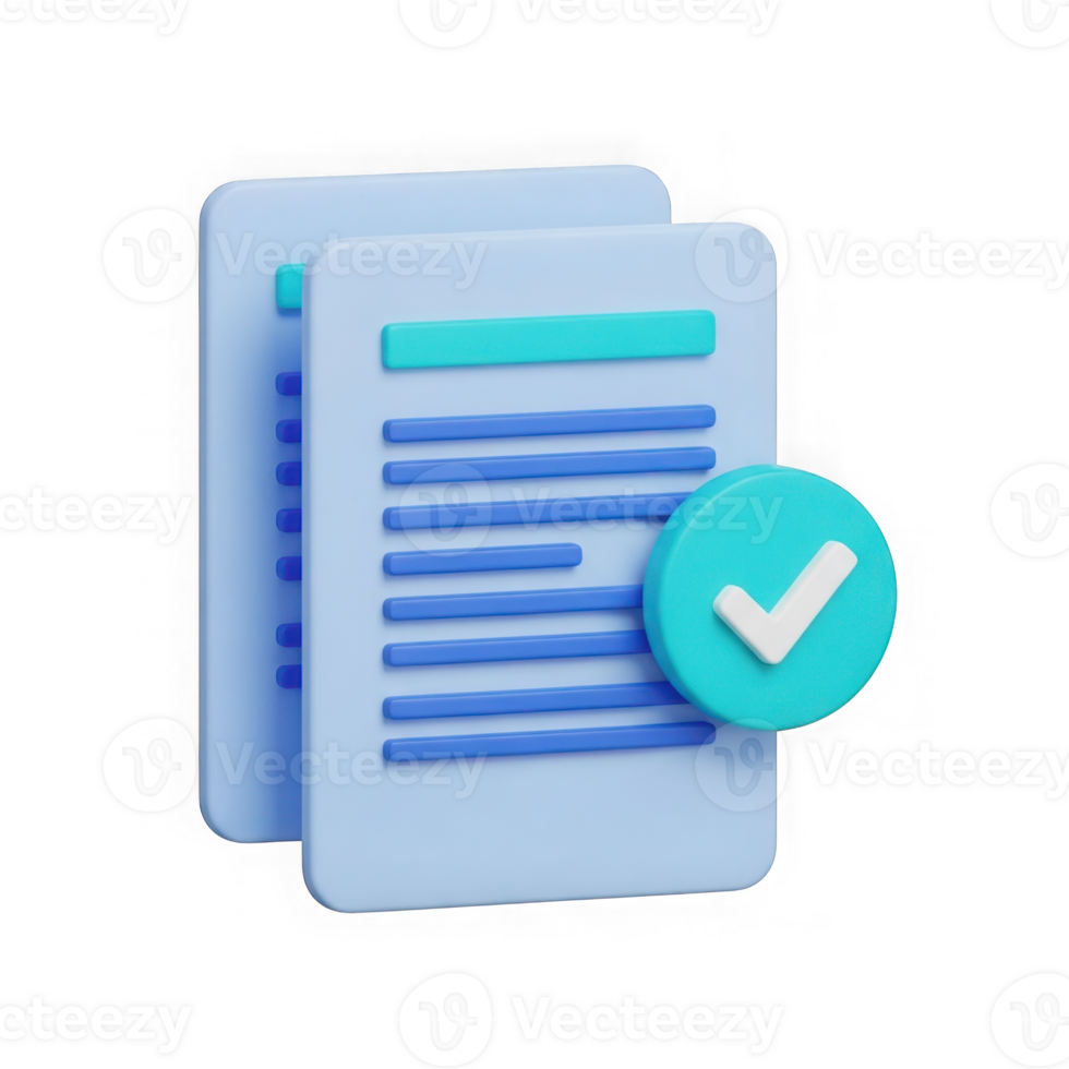 3d lista di controllo icona con documento e zecca isolato su trasparente sfondo png