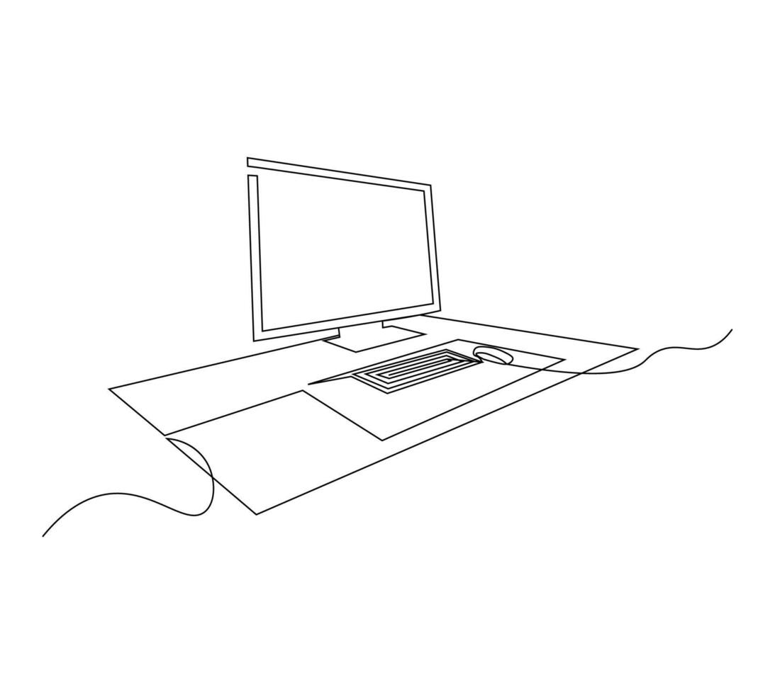 Computer Monitor on Work Desk. Continuous Line Art of Office and Workplace Illustration vector