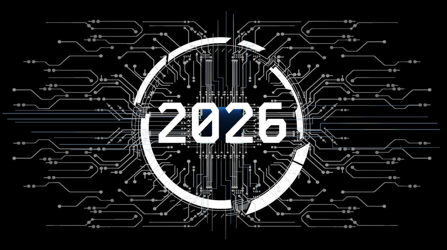 A countdown design features the year 2026 at its center, surrounded by intricate circuit patterns on a dark background. It symbolizes innovation and technology. vector