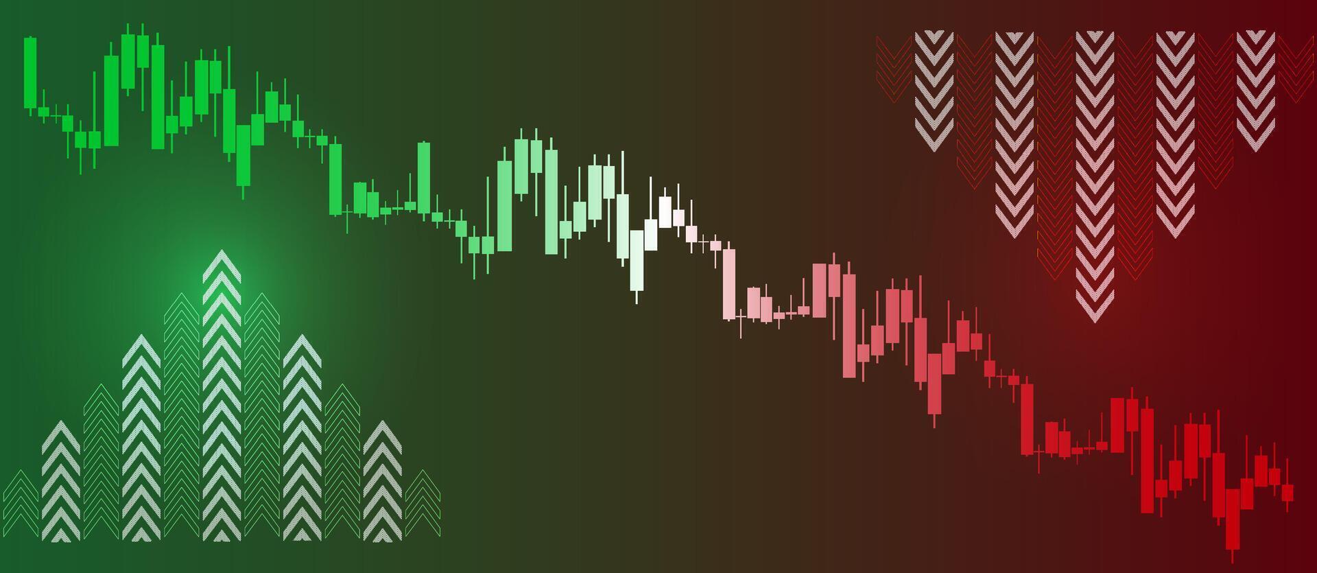 A digital graphic shows market trends with green bars indicating price increases and red bars showing declines. The visual highlights important patterns in trading data. vector