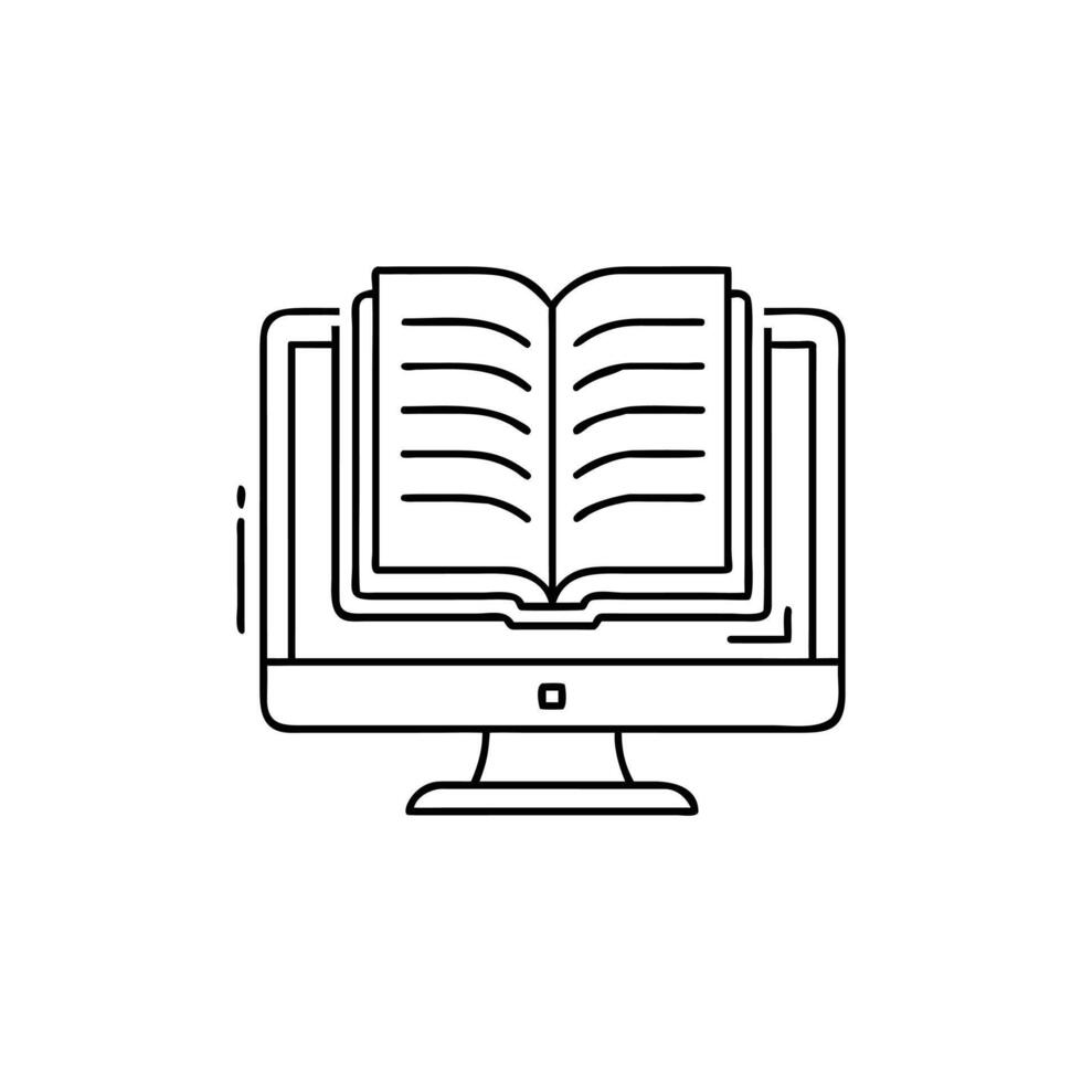 Open Book Displayed on Computer Screen Line Art Isolated on White Background vector