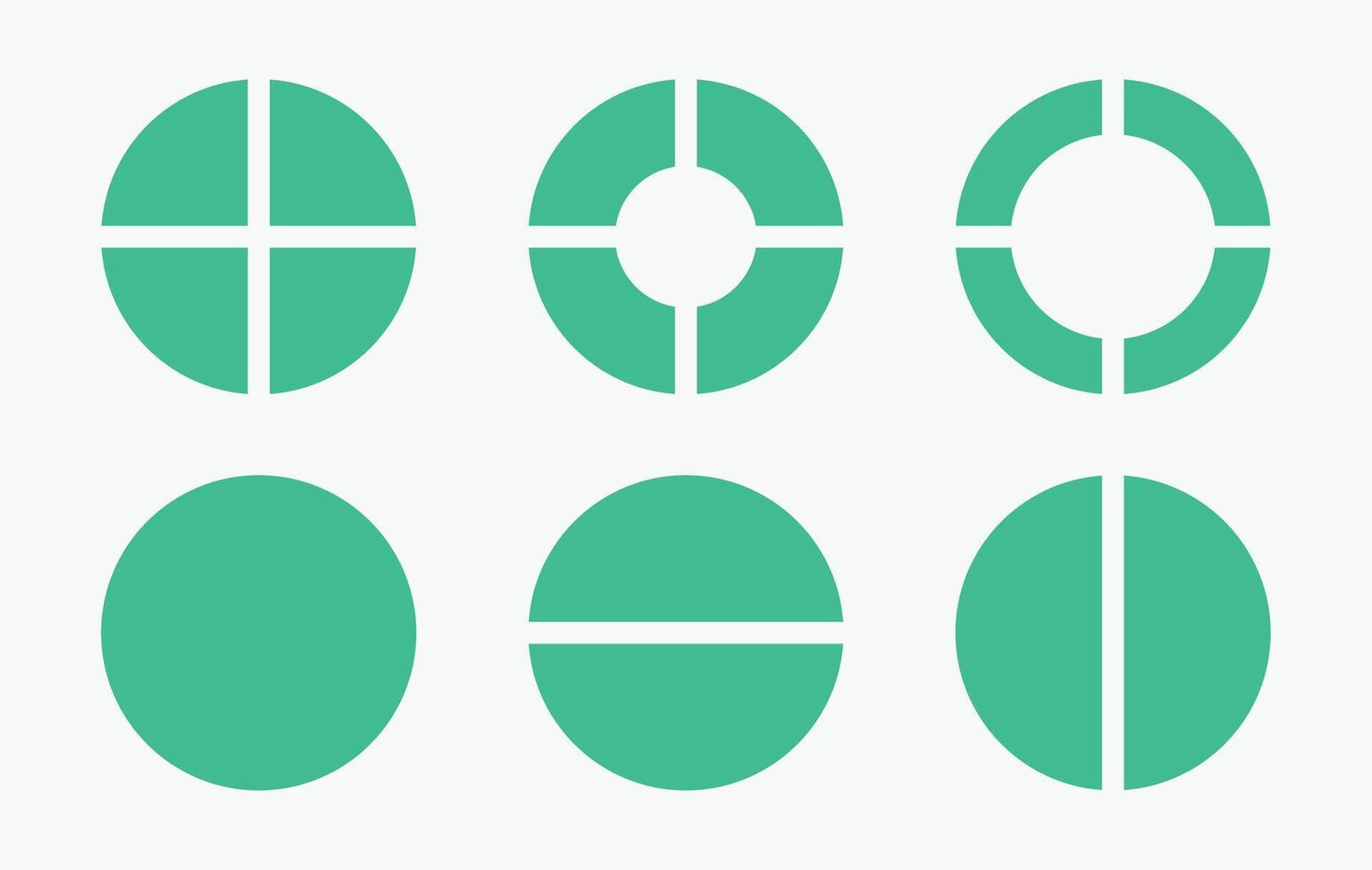 Set of four parts of circle. Pie chart with four same size sectors. Set of six teal circles, each divided differently. vector