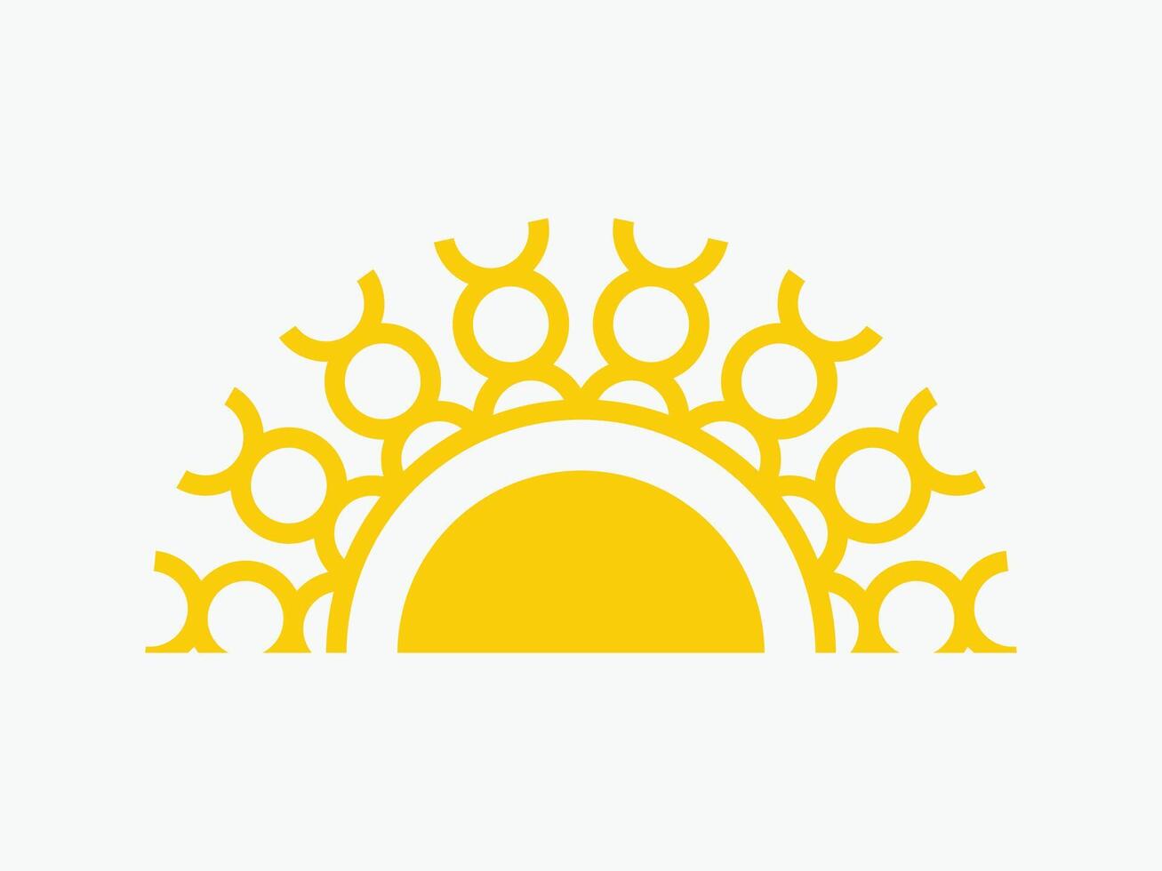 Yellow half sun icon, including shining rays, sunset designs, The pattern forms a symmetrical half-circle motif against a light gray background. vector