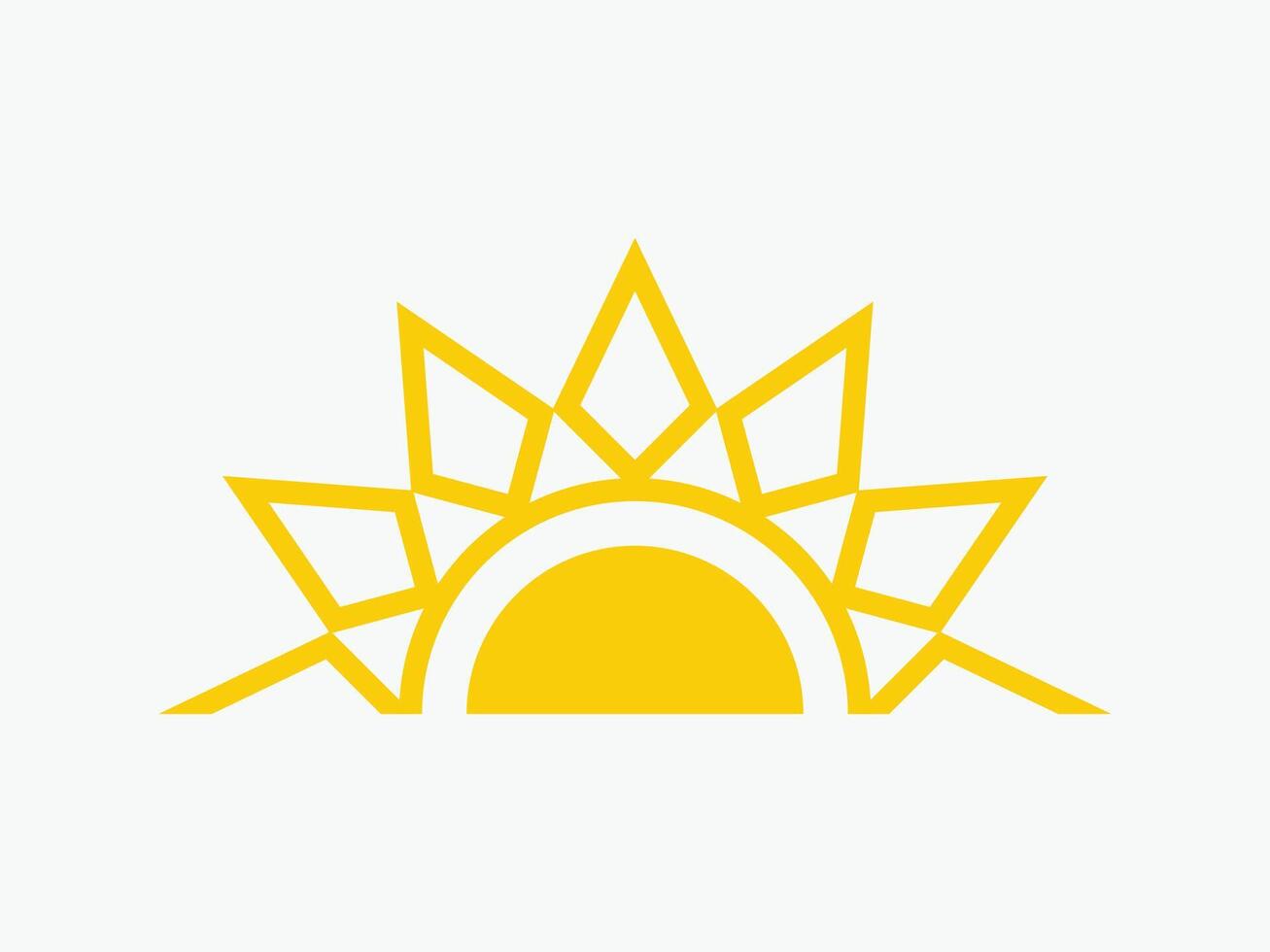 Yellow half sun icon, including shining rays, sunset designs, with geometric triangular rays extending outward. vector