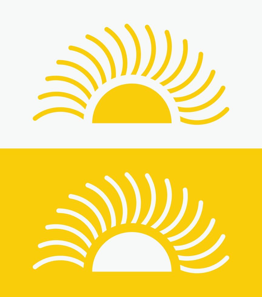 icon set Yellow half sun, Stylized sun designs feature half-circle shapes with multiple curved rays extending outward. vector