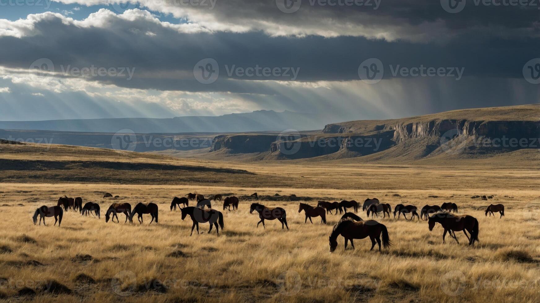 A herd of wild horses grazes in a vast golden grassland under dramatic stormy skies photo