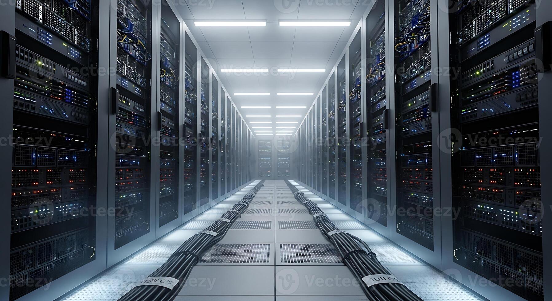 Computer server room with data cables and blinking indicators photo