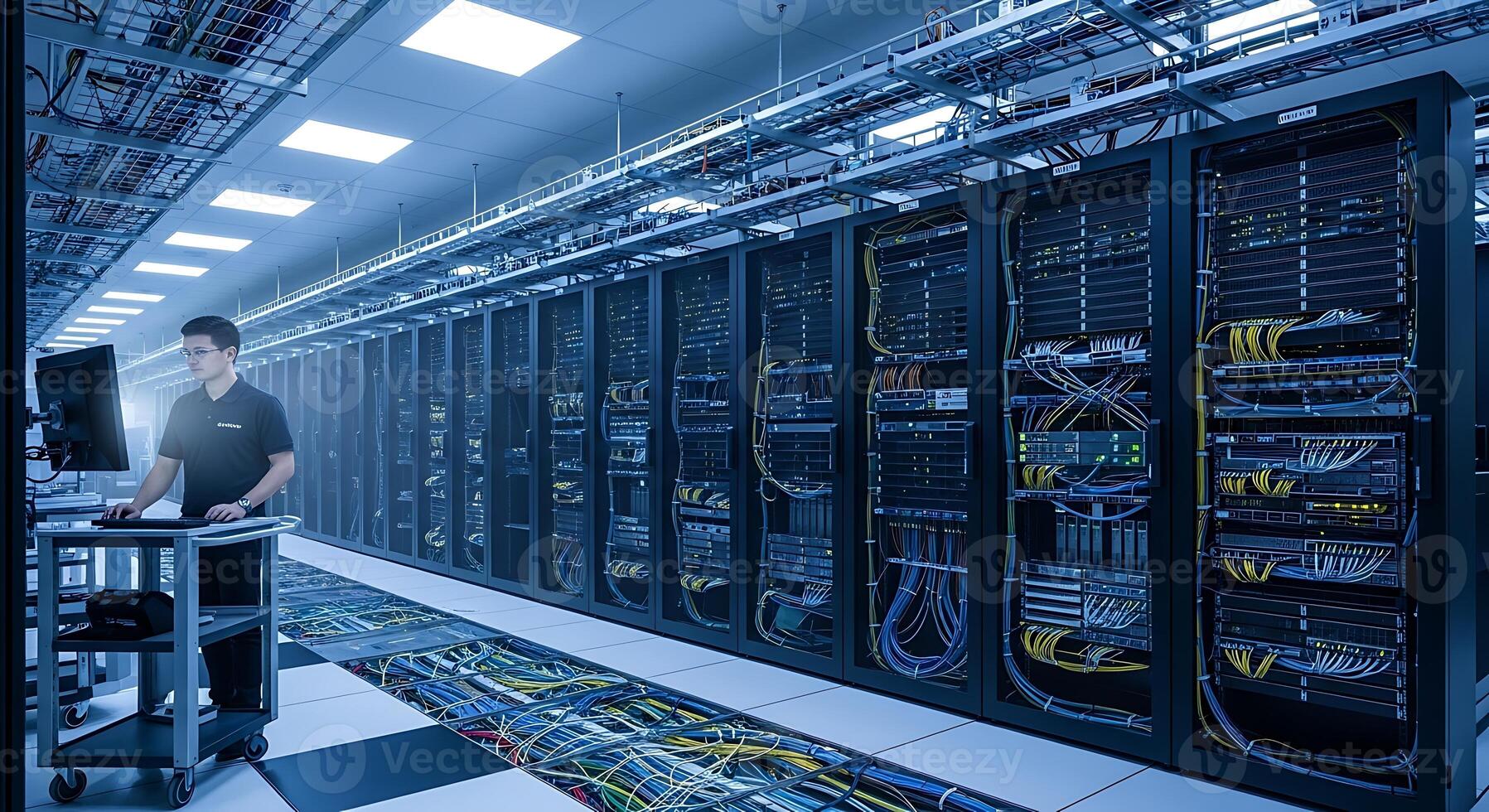 Computer server room with multiple storage drives and processors photo