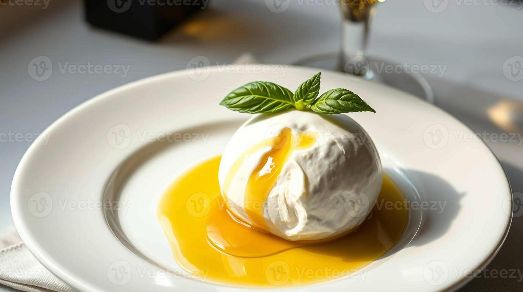 A white plate topped with a dessert and a glass of wine photo