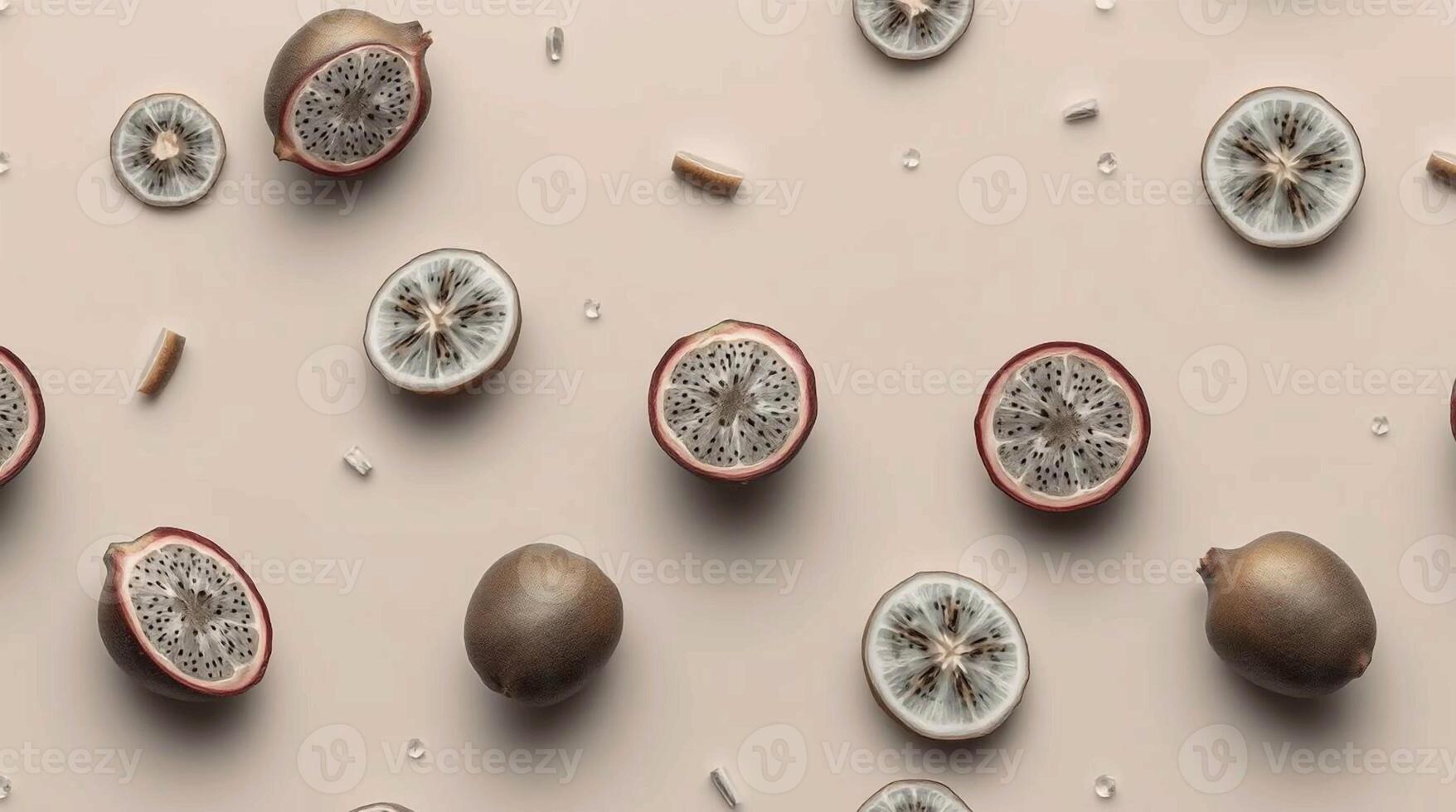 A vibrant overhead view of sliced passion fruits and whole kiwi fruits scattered on a neutral beige background creating a playful pattern photo