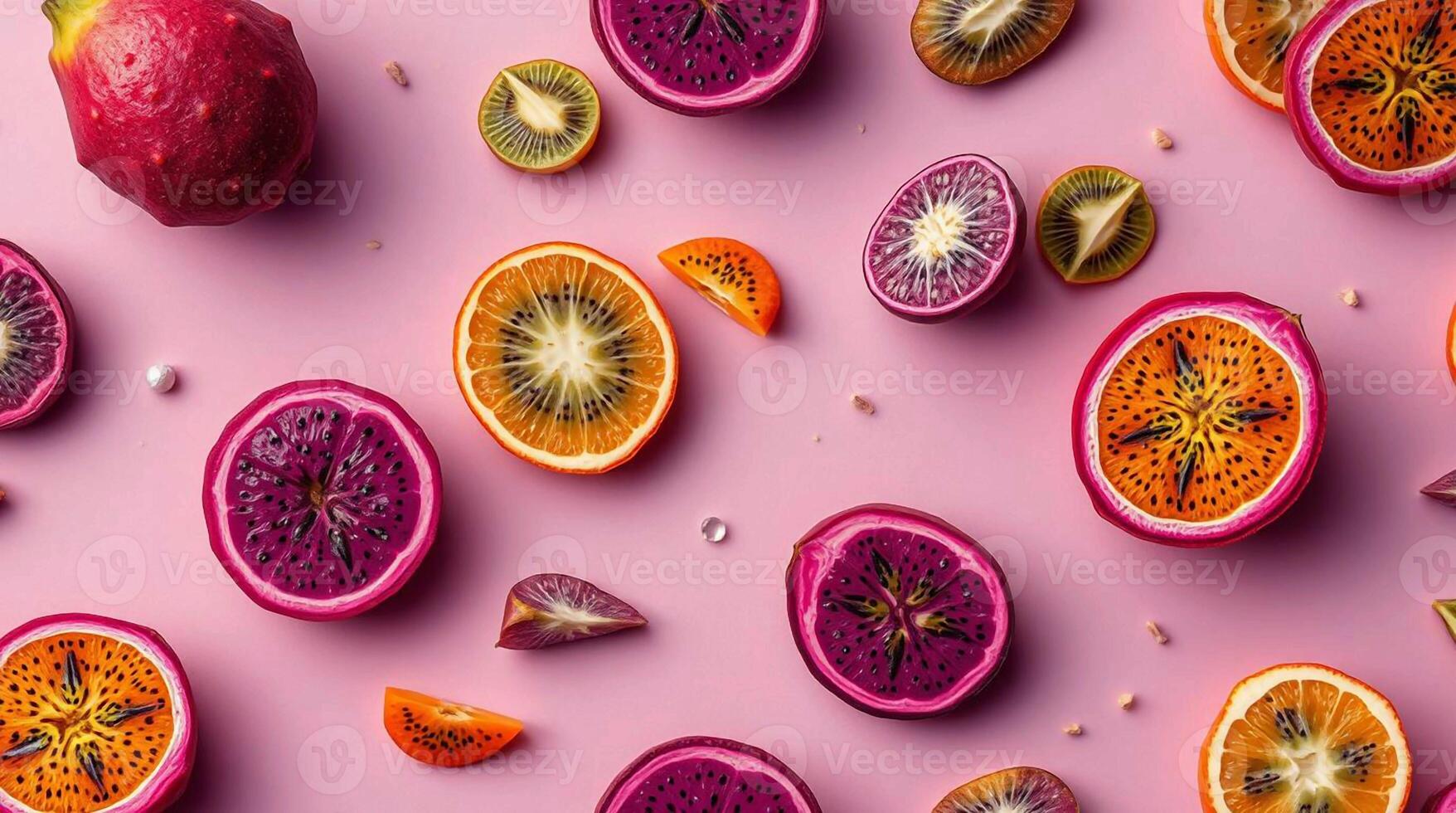 Vibrant assortment of tropical fruits artfully arranged on a soft pink background creating a refreshing and colorful display photo