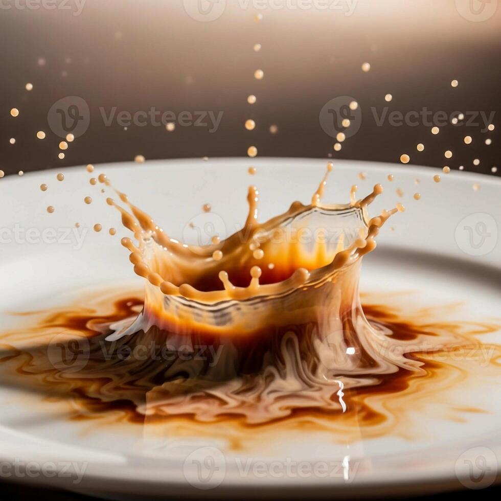 Dynamic liquid splash frozen in time creating a crown shape on a white plate with airborne droplets photo