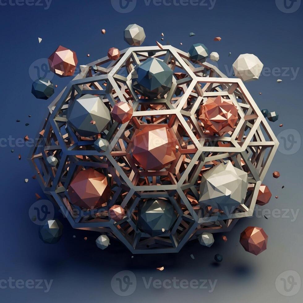3d rendering of a hexagonal structure with many different colored spheres photo