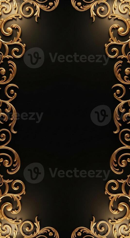 Elegant golden baroque ornate scrollwork borders framing a dark empty space for text or design elements photo
