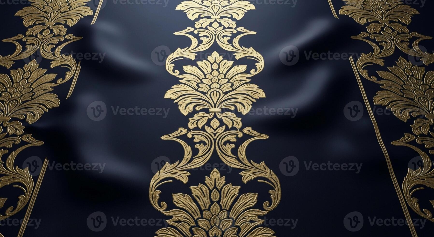 Luxurious dark fabric with intricate gold damask pattern creating an opulent and elegant textile design photo